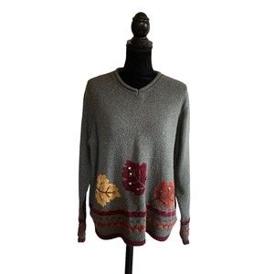 Ms Lee Woman XL Olive Green Silk Wool Rabbit Hair Blend Fall Leaf Print Sweater